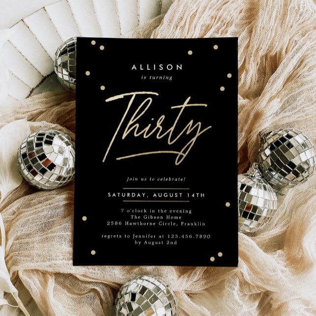 Modern Black Gold Calligraphy 30th Birthday Invitation (Creator Uploaded)