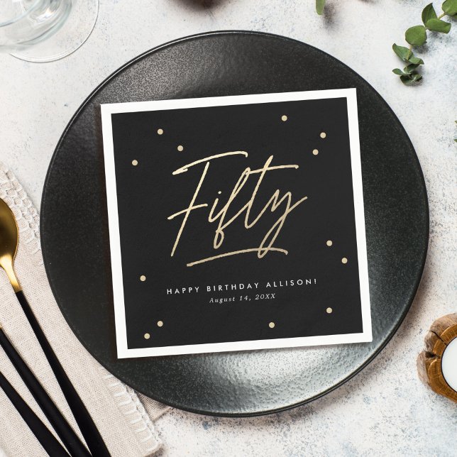 Modern Black Gold Calligraphy 50th Birthday Napkin (Creator Uploaded)