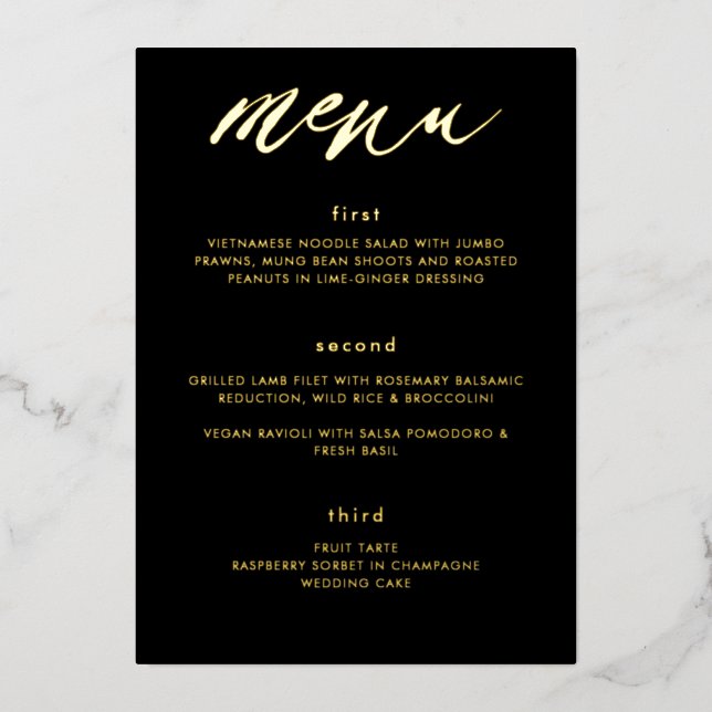 Modern Black Gold Calligraphy Wedding Menu (Front)