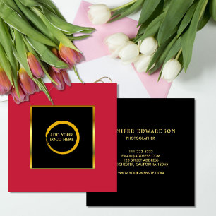 Modern black gold cardinal red add logo square business card