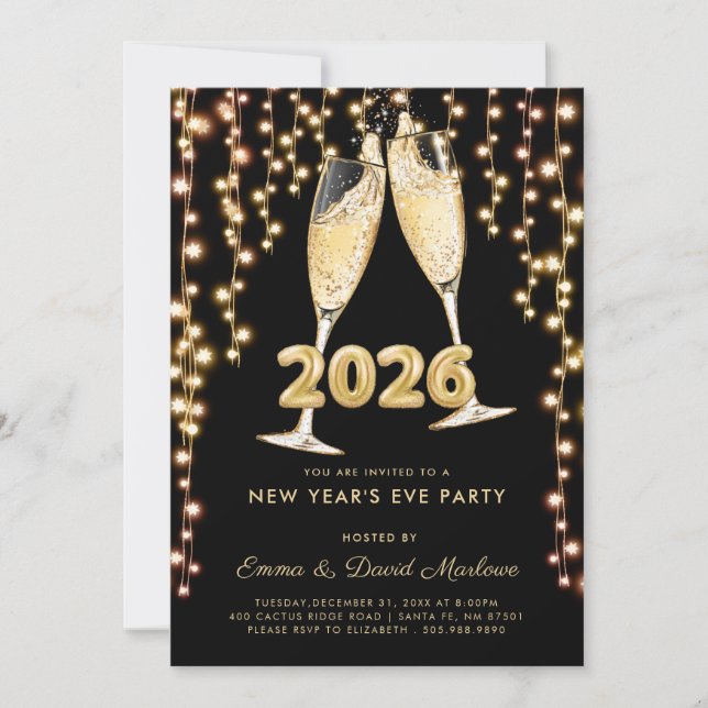Modern Black Gold Champagne 2026 New Years Eve Invitation (Front)