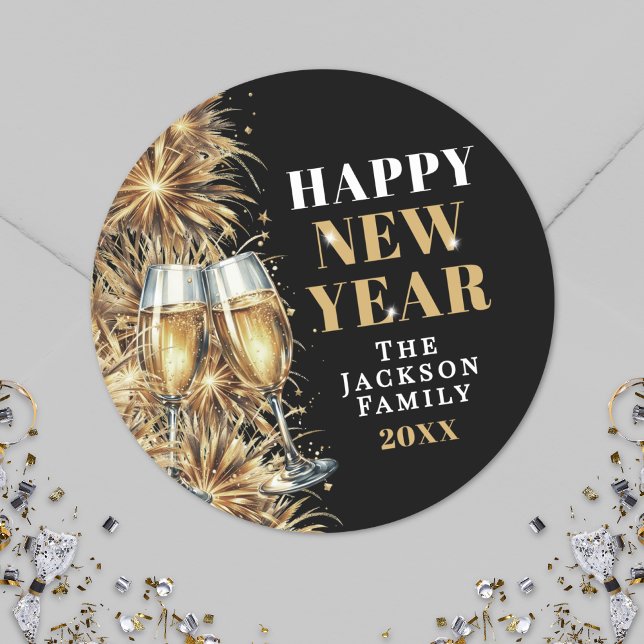Modern Black Gold Champagne New Year's Eve Party Classic Round Sticker (Modern Black Gold Champagne New Year's Eve Party Classic Round Sticker)