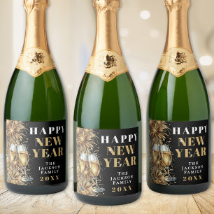 Modern Black Gold Champagne New Year's Eve Party Sparkling Wine Label