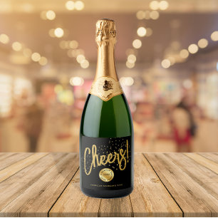 Modern Black Gold Cheers New Year Business Typo Sparkling Wine Label