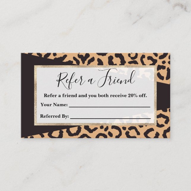 Modern Black Gold Cheetah Leopard Animal Print Referral Card (Front)