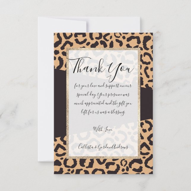 Modern Black Gold Cheetah Leopard Animal Print Thank You Card (Front)