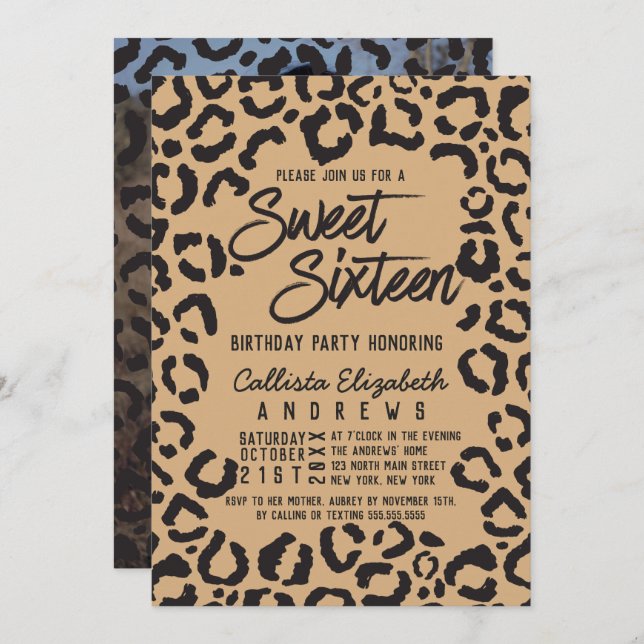 Modern Black Gold Cheetah Leopard Sweet 16 Photo Invitation (Front/Back)
