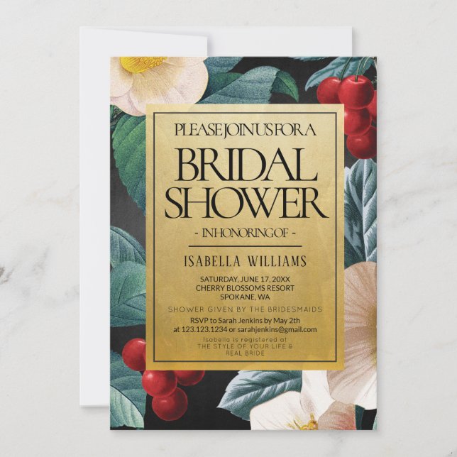 Modern Black Gold Cherry Blossoms Bridal Shower Invitation (Front)