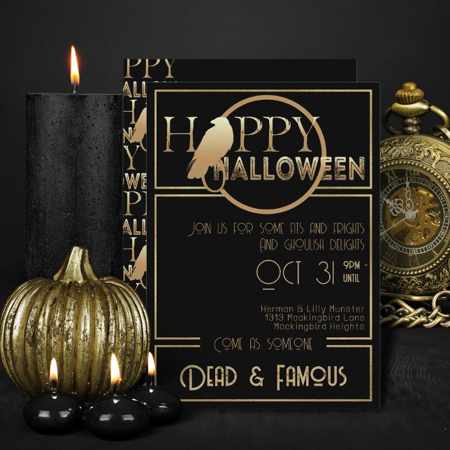 Modern Black Gold Chic Adult Glam Halloween Party  Invitation (Elegant black and gold Halloween invitations)