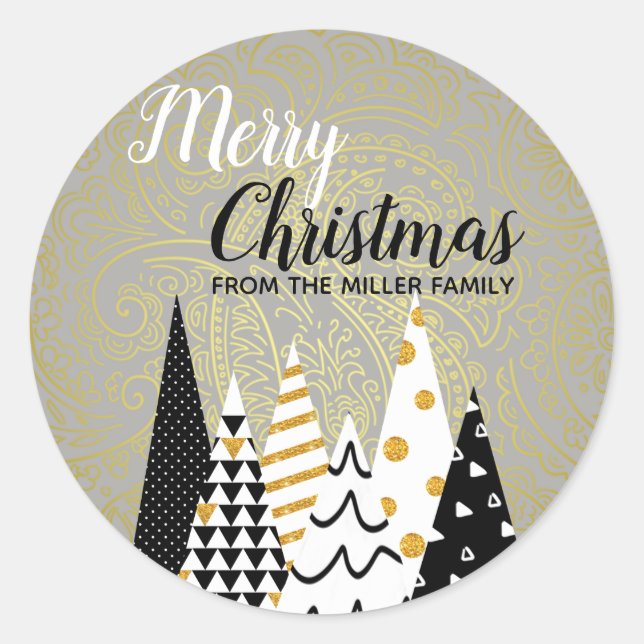 Modern Black Gold Christmas Holiday Classic Round Sticker (Front)