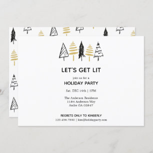 Modern Black & Gold Christmas Tree Pattern Invitation