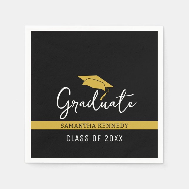 Modern Black & Gold Class of 2025 Grad Cap Napkin (Front)