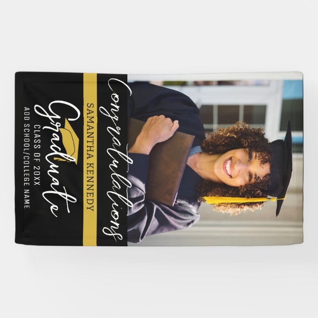 Modern Black & Gold Class of 2025 Grad Cap Photo  Banner (Horizontal)