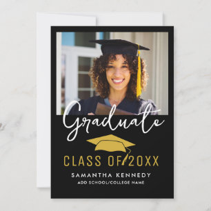 Modern Black & Gold Class of 2025 Grad Cap Photo Invitation