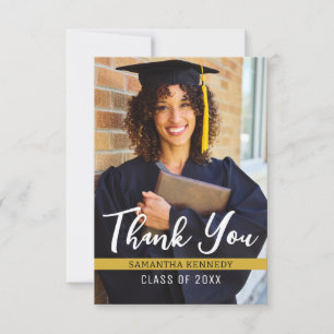Modern Black & Gold Class of 2025 Grad Cap Photo Thank You Card