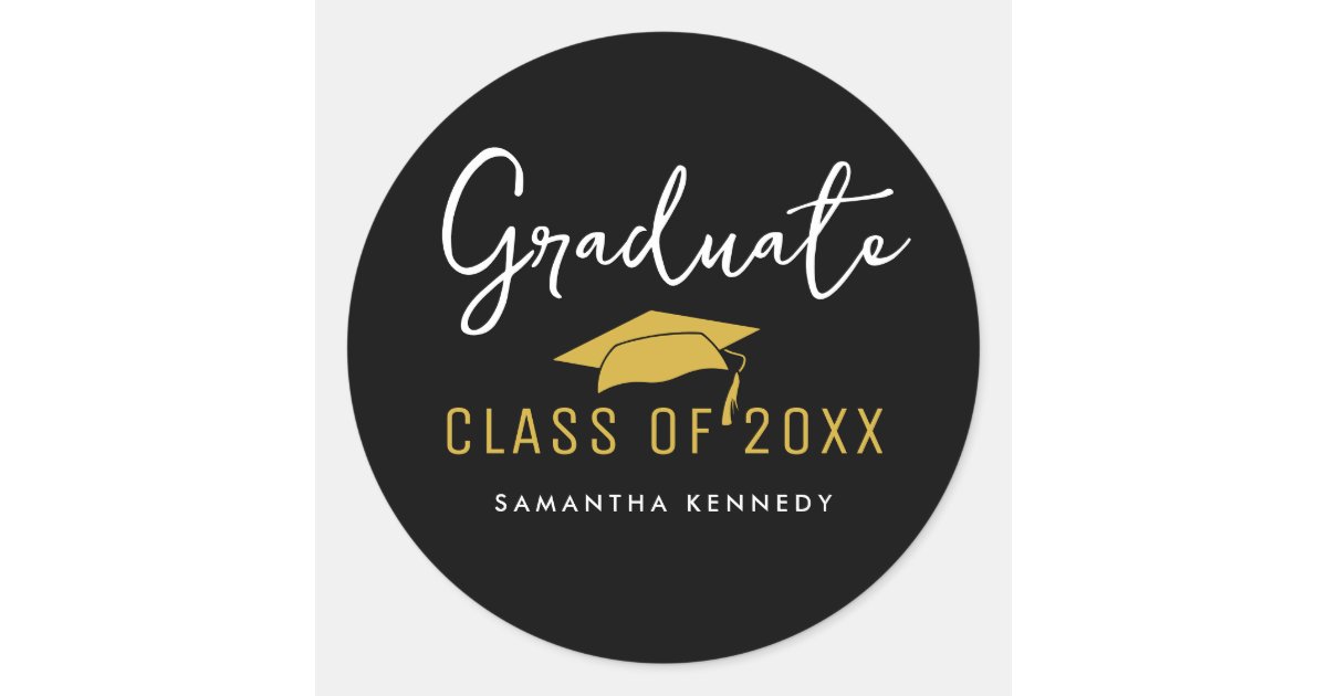 Modern Black & Gold Class of 2025 Graduation Cap Classic Round Sticker ...