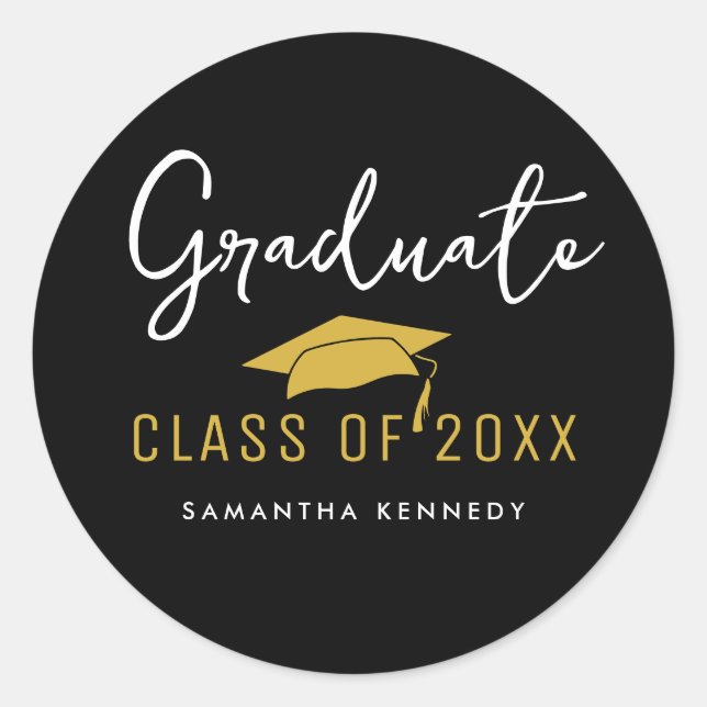 Modern Black & Gold Class of 2025 Graduation Cap Classic Round Sticker (Front)