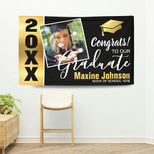 Modern Black & Gold Class of 2025 Photo Graduation Banner
