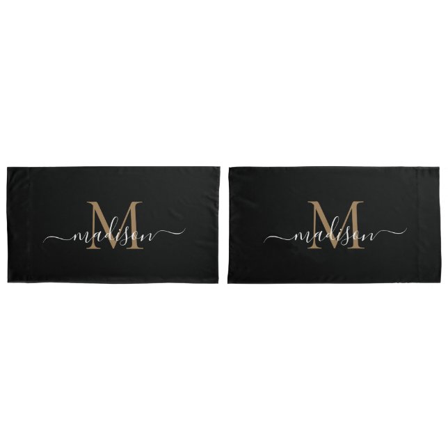 Modern Black Gold Classic Monogram Feminine Script Pillowcase (Front-Set)