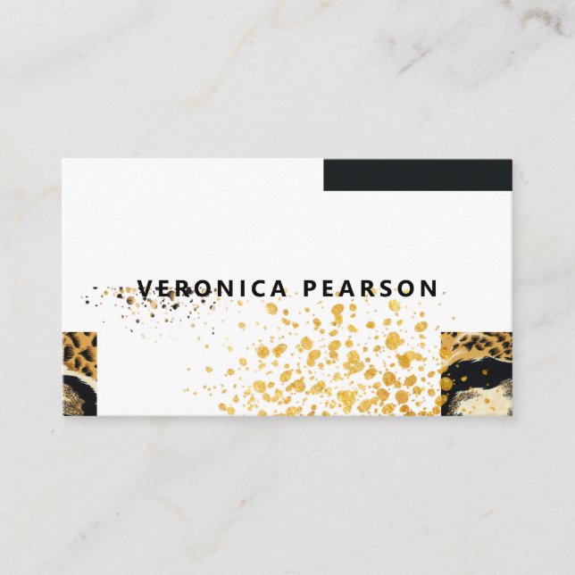Modern Black & Gold Colour Block Leopard Print Business Card (Front)