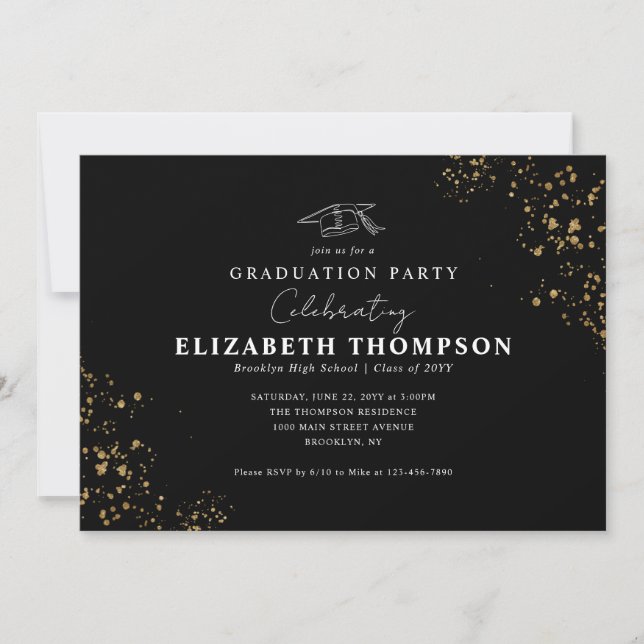 Modern Black Gold Confetti Grad Graduation Party Invitation (Front)