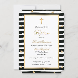 Modern Black Gold Cross Glitter Hearts Baptism Invitation