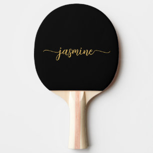 Modern Black Gold Custom Name Signature Script Ping Pong Paddle