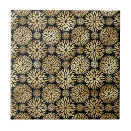 Modern Black Gold Dahlia Illustration Tile