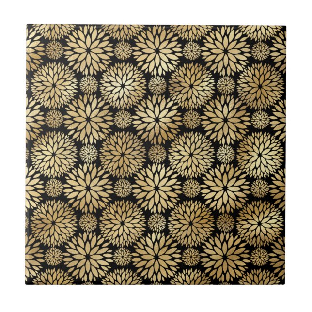 Modern Black Gold Dahlia Illustration Tile (Front)