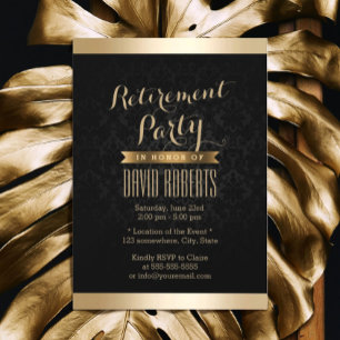 Modern Black & Gold Damask Retirement Party Invitation