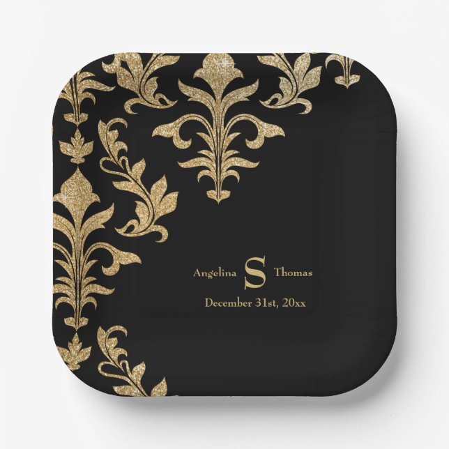 Modern Black Gold Damask Wedding Reception Decor Paper Plate (Front)
