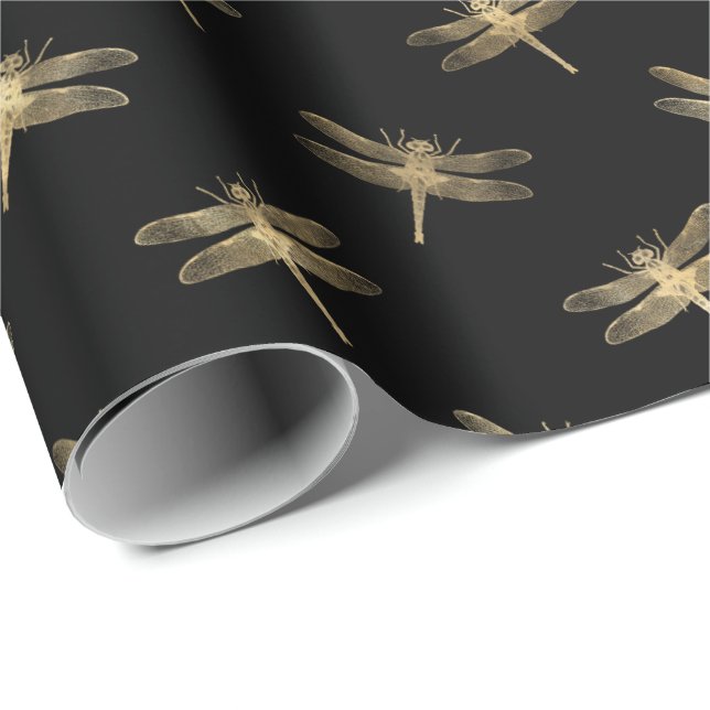Modern Black Gold Dragonfly Pattern Wrapping Paper (Roll Corner)