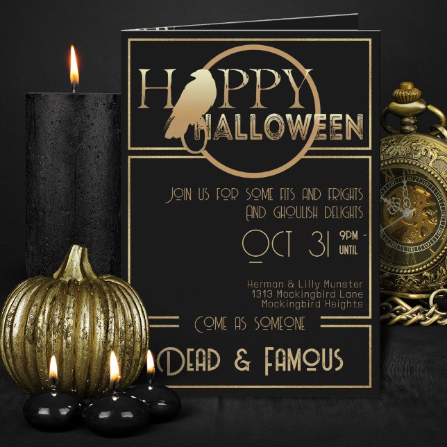 Modern Black Gold Elegant Adult Halloween Party  Invitation (elegant black and gold folded Halloween invitations)