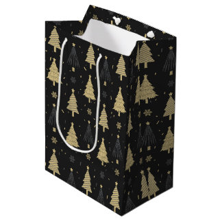 Modern Black & Gold Elegant Christmas Tree Pattern Medium Gift Bag