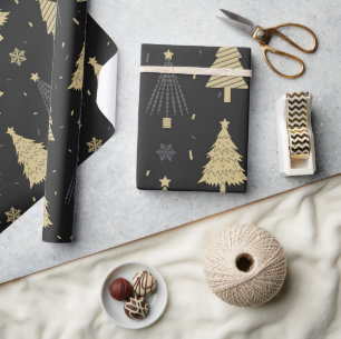 Modern Black & Gold Elegant Christmas Tree Pattern Wrapping Paper