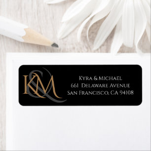 Modern Black Gold Elegant Monogram Wedding Address
