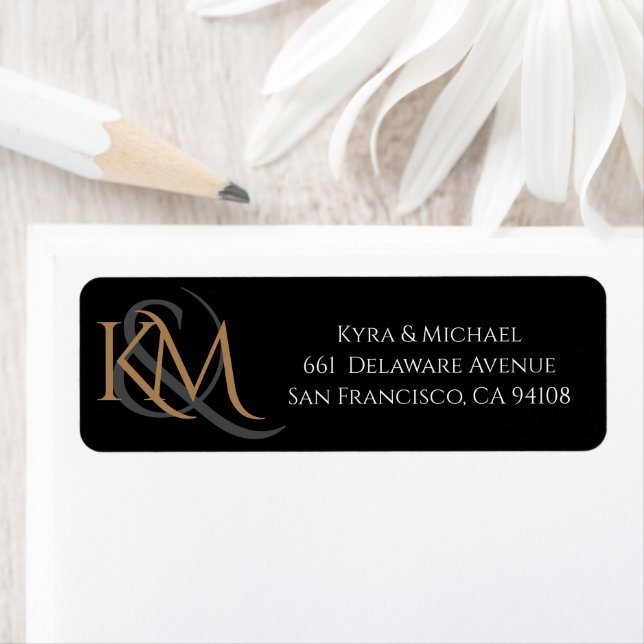 Modern Black Gold Elegant Monogram Wedding Address (Insitu)