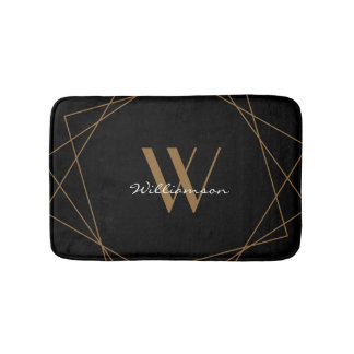 Modern Black Gold Elegant White Monogram Script Bath Mat