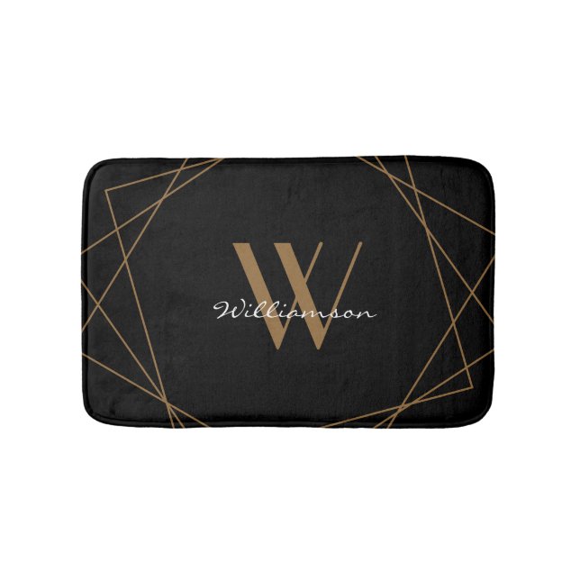 Modern Black Gold Elegant White Monogram Script Bath Mat (Front)