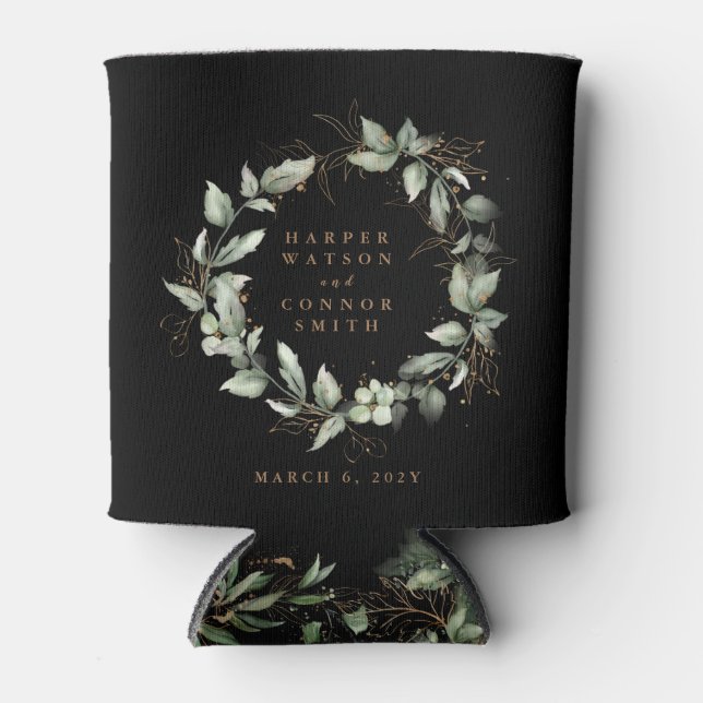 Modern Black Gold Eucalyptus Wreath Wedding Can Cooler (Front)