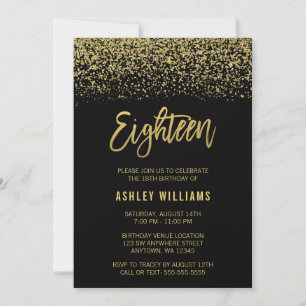 Modern Black Gold Faux Glitter 18th Birthday Invitation