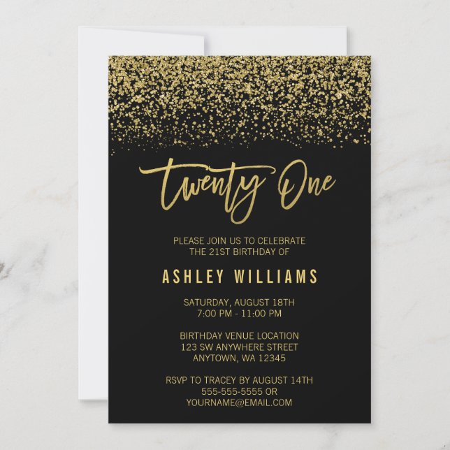 Modern Black Gold Faux Glitter 21st Birthday Invitation (Front)