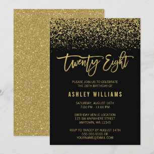 Modern Black Gold Faux Glitter 28th Birthday Invitation