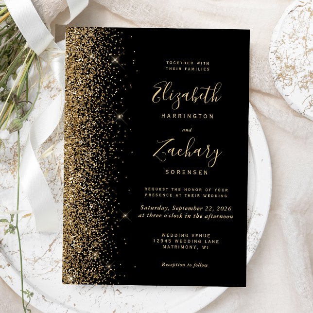 Modern Black Gold Faux Glitter Edge Wedding Invitation (Creator Uploaded)