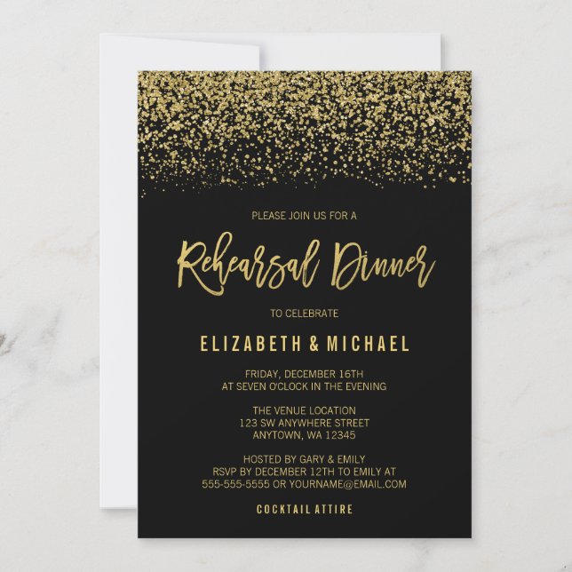 Modern Black Gold Faux Glitter Rehearsal Dinner Invitation (Front)