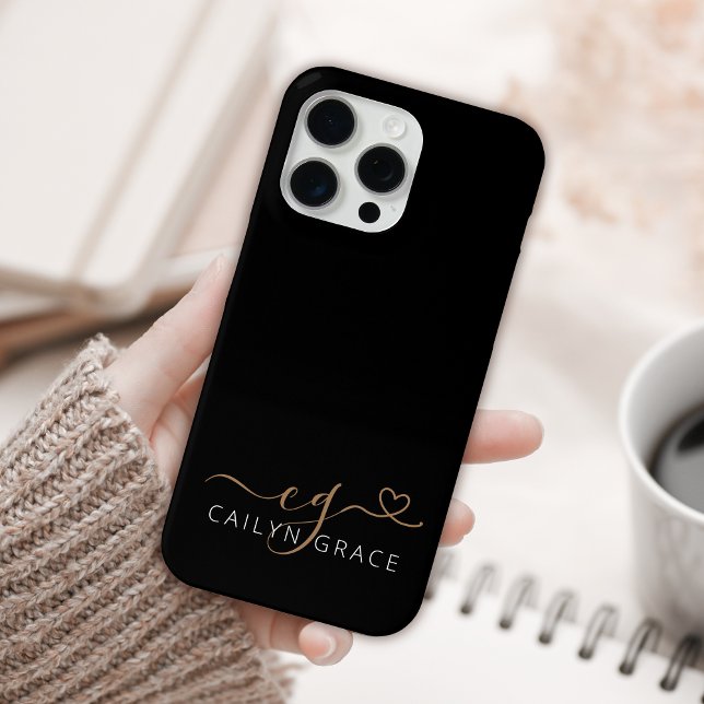 Modern Black Gold Feminine Script Heart Monogram Case-Mate iPhone Case (Creator Uploaded)