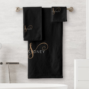 Modern Black Gold Feminine Script Monogrammed  Bath Towel Set