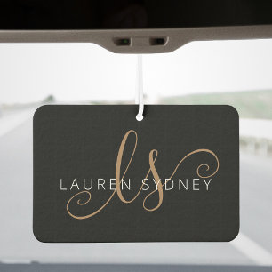 Modern Black Gold Feminine Script Monogrammed Car Air Freshener
