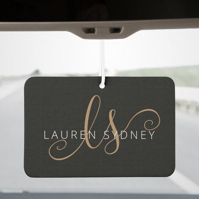 Modern Black Gold Feminine Script Monogrammed Car Air Freshener (Creator Uploaded)