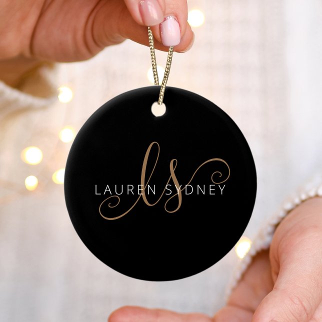 Modern Black Gold Feminine Script Monogrammed Ceramic Tree Decoration (Creator Uploaded)